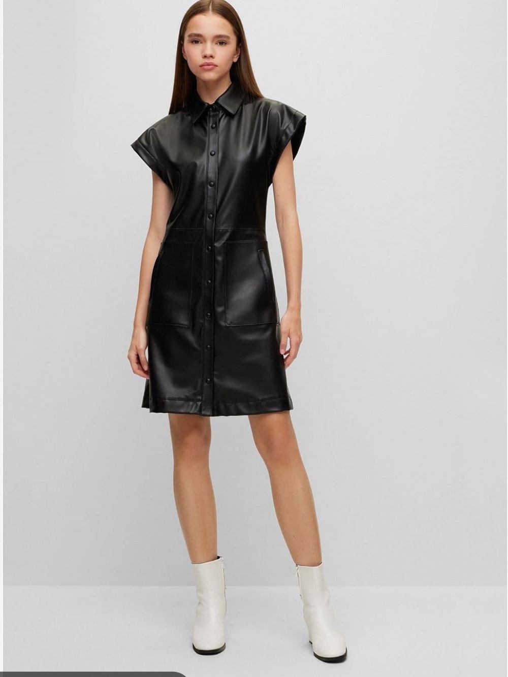 HUGO Black Faux-Leather Button-Front Shirt Dress
